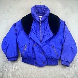 Vintage Edelweiss Ski Coat Womens Medium Blue Zip Snap Faux‎ Fur Collar Nylon